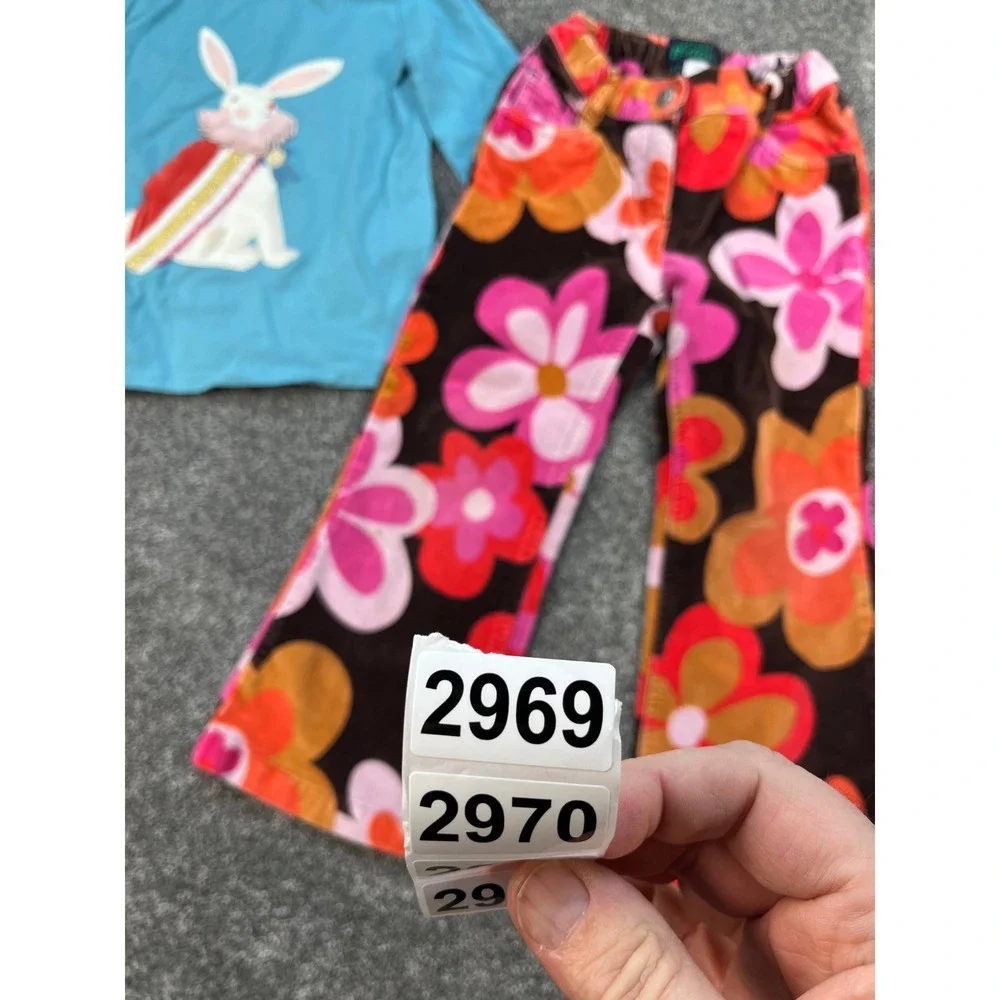 Mini Boden Bunny Graphic Tee and Retro Floral Corduroy Flare Pants Girls 3-4Y